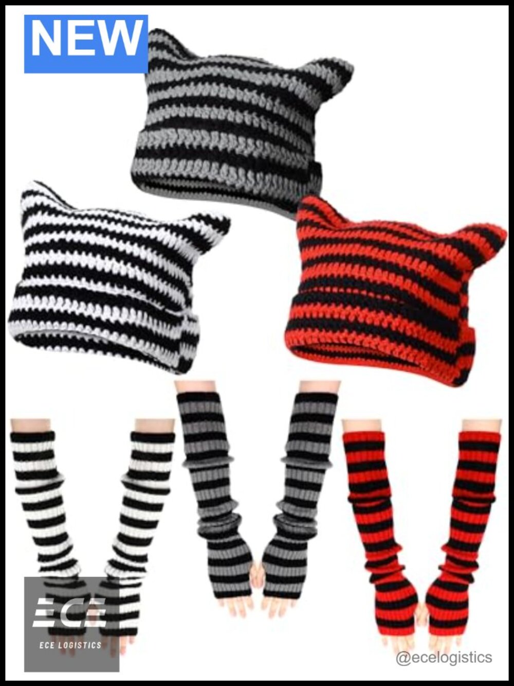Crochet Cat Ear Beanie Hats with Striped Arm Warmers Set